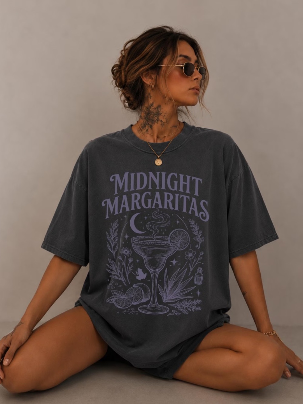 Comfort Colors Pepper Tee with Purple 'Midnight Margaritas' Graphic